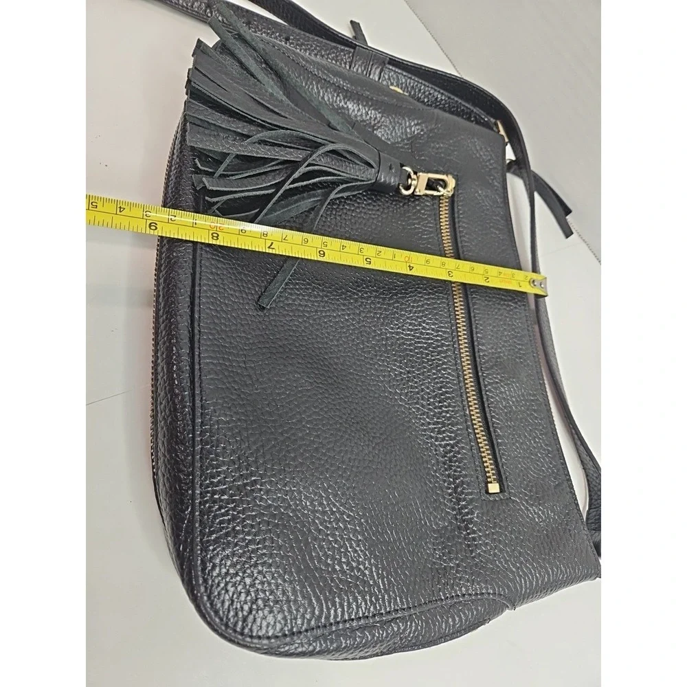Halogen Black Pebbled Thick Leather Adjustable Crossbody Shoulder Bag Tassel (F)